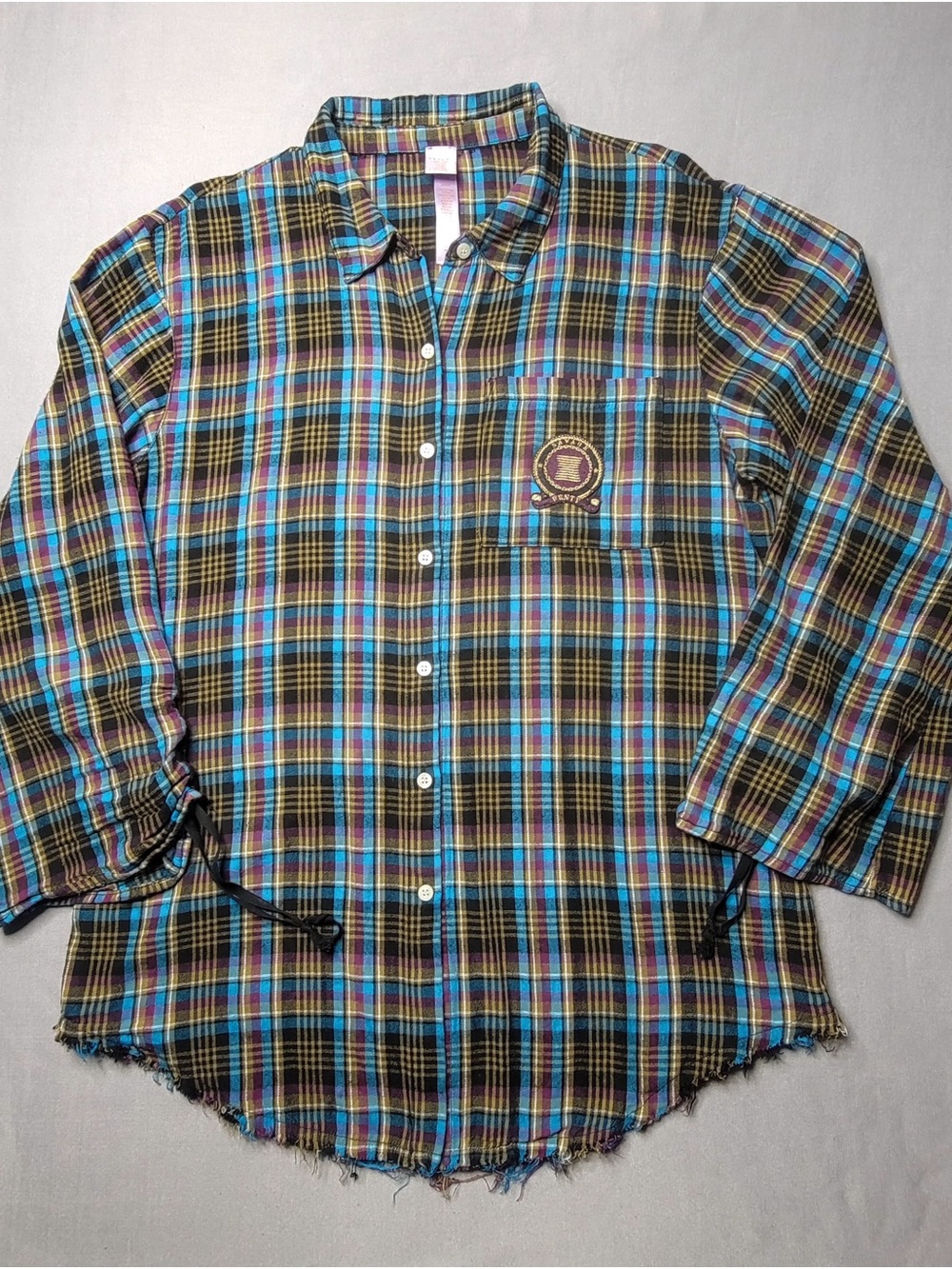 Savage X Fenty Plaid Button-Down Shirt in Blue, Brown & Yellow